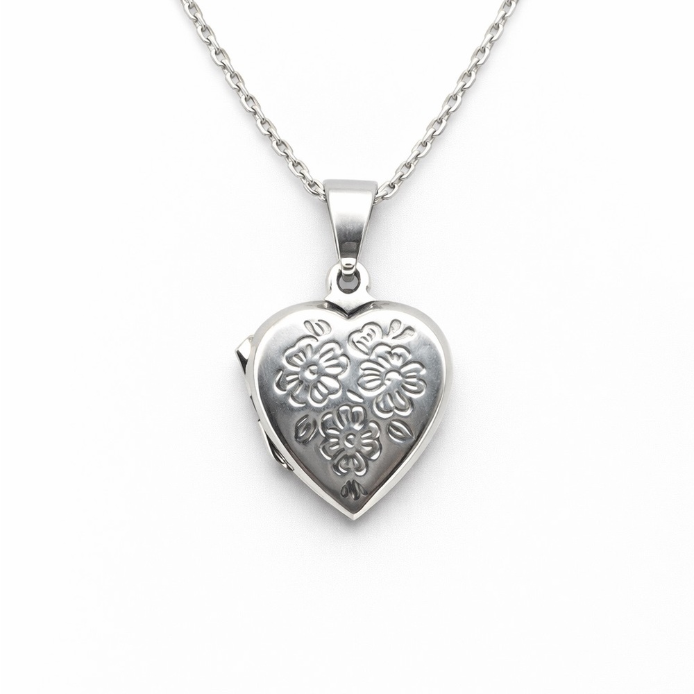 Silver Heart Floral Locket Necklace